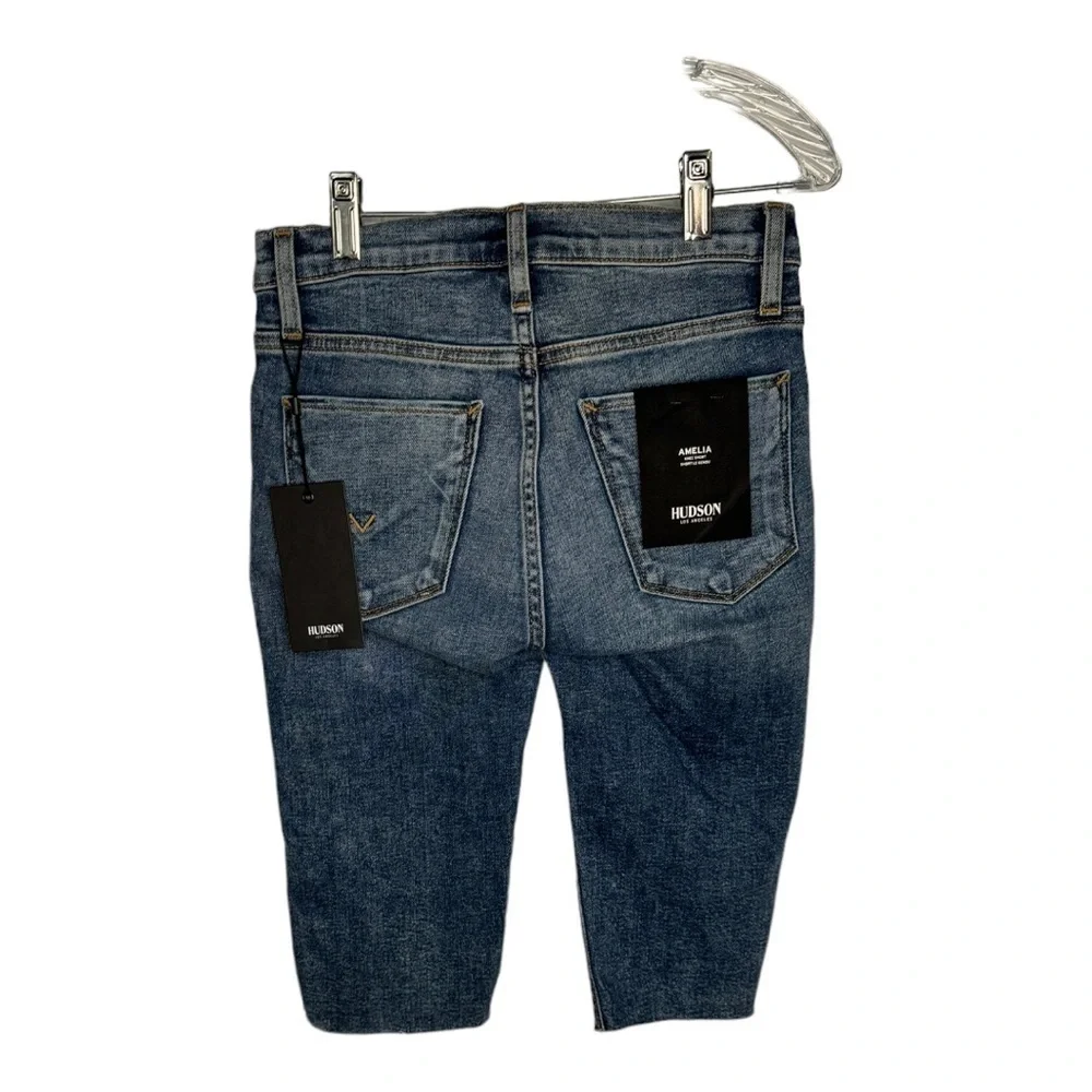 Hudson Amelia Mid-Rise Denim Blue Jean Knee Shorts in Winelight New